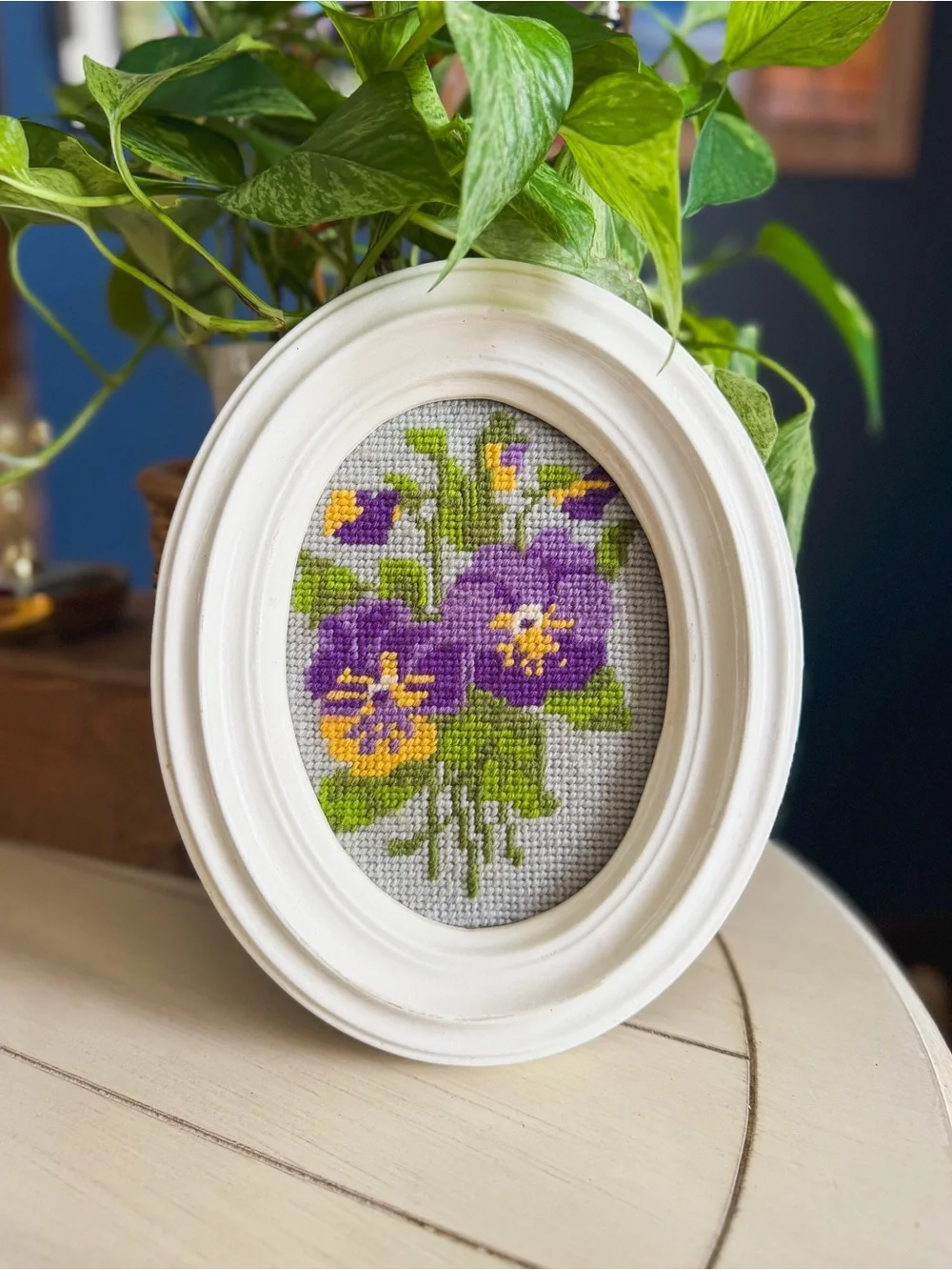 Framed Vintage Needlepoint Pansy Floral Art in Purple and Yellow